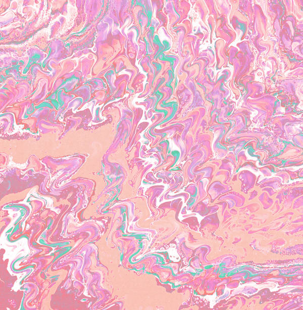 Acrylic pour of pale pink, white and mint bursting outward in fine feathered streaks over a peach ground