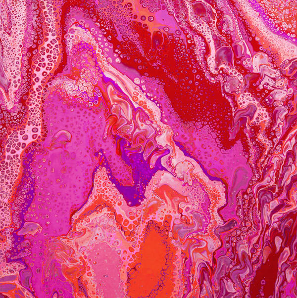 Acrylic pour of magenta and crimson veined with orange and white, radiating outward from the lower centre