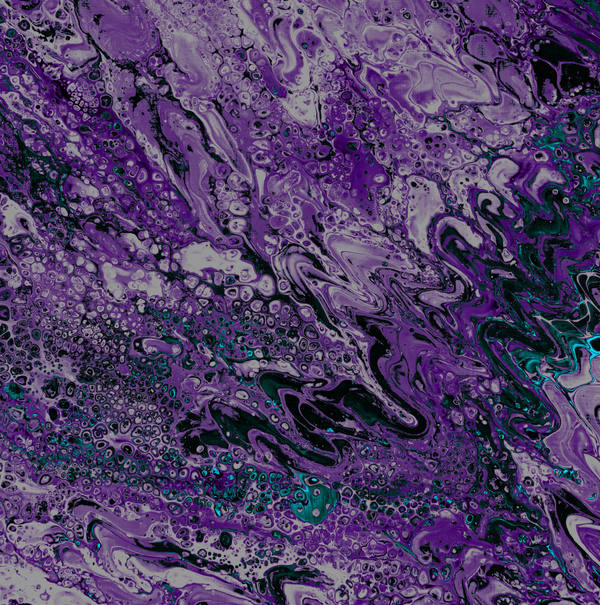Acrylic pour of violet and lilac over black, threaded with silver and small turquoise cells