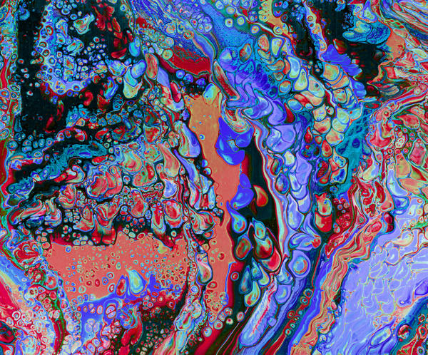 Acrylic pour of cobalt, scarlet and cream breaking into thousands of small cells across the whole frame