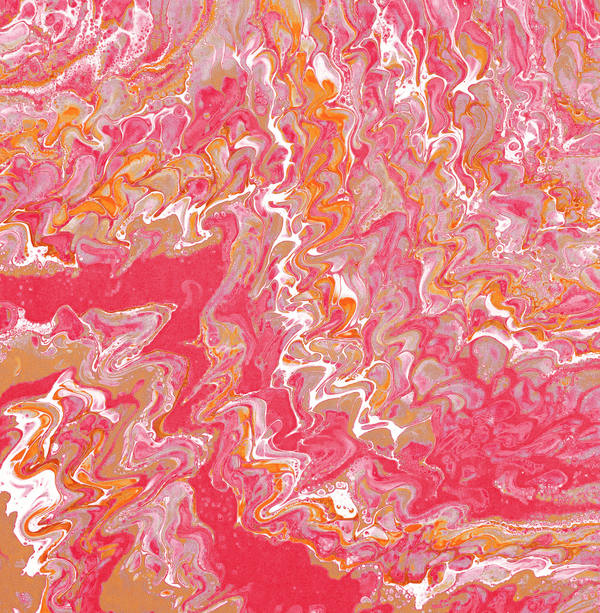 Acrylic pour of raspberry and coral streaming over cream and gold in loose feathered waves