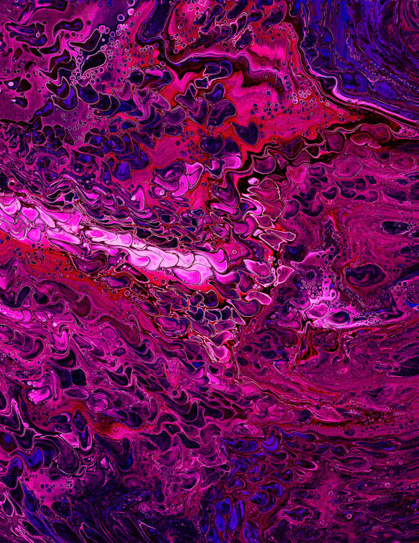 Acrylic pour of magenta and violet exploding outward over deep purple, threaded with white and cobalt