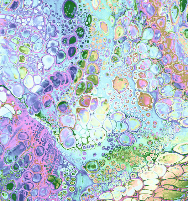 Acrylic pour of open bubble cells in lilac, mint, coral and pale blue, crowded like a bed of tiny shells
