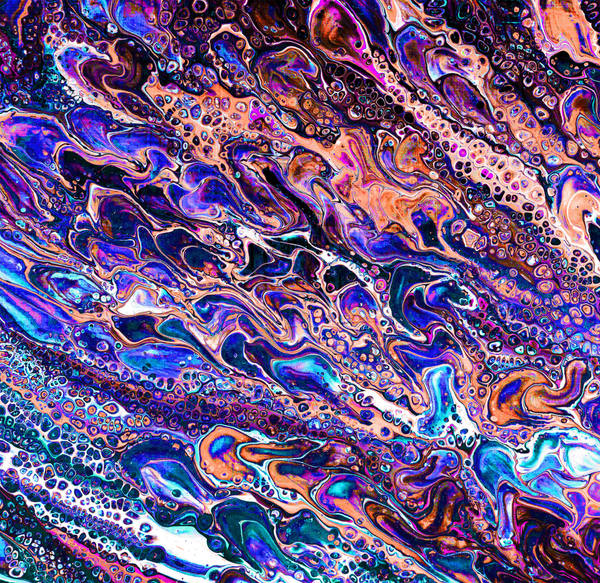 Acrylic pour of cobalt, violet and copper streaming in diagonal bands, dense with metallic cells