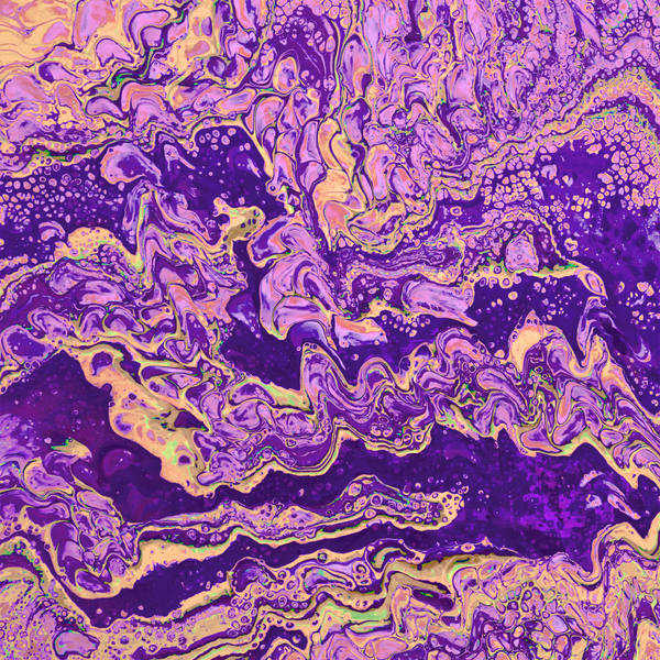 Acrylic pour of royal purple and violet veined with pale gold, rippling in dense horizontal bands