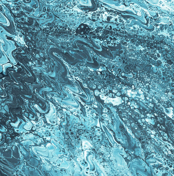 Acrylic pour of teal and petrol blue over white, breaking into fine cells and clear rivulets