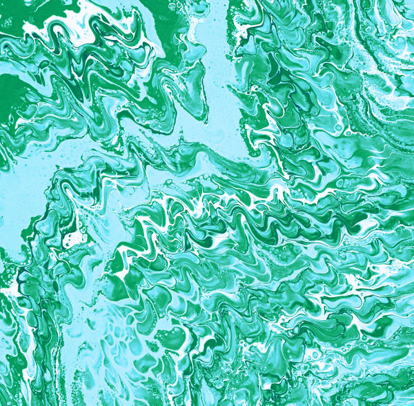 Acrylic pour of emerald and jade ripples marbling across a pale aqua ground, like shallow water seen from above
