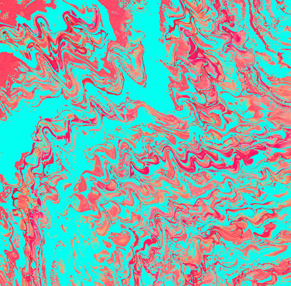 Acrylic pour of coral red writhing in tight tendrils across a flat electric turquoise ground
