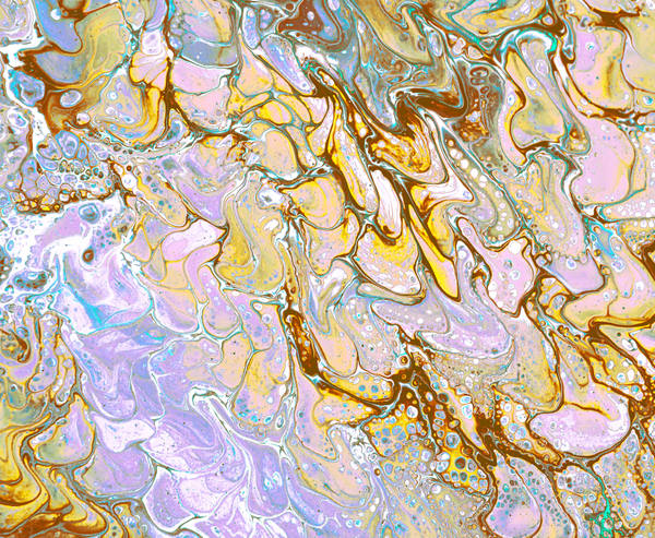 Acrylic pour of amber and bronze curling over lilac and mint, edges outlined in dark caramel