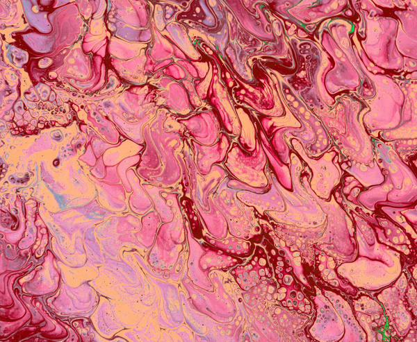 Acrylic pour of rose and crimson curling over peach and gold in fine petal-like folds