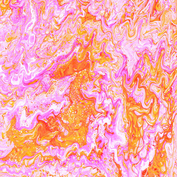 Acrylic pour of tangerine and hot pink marbling over white in loose feathered swirls