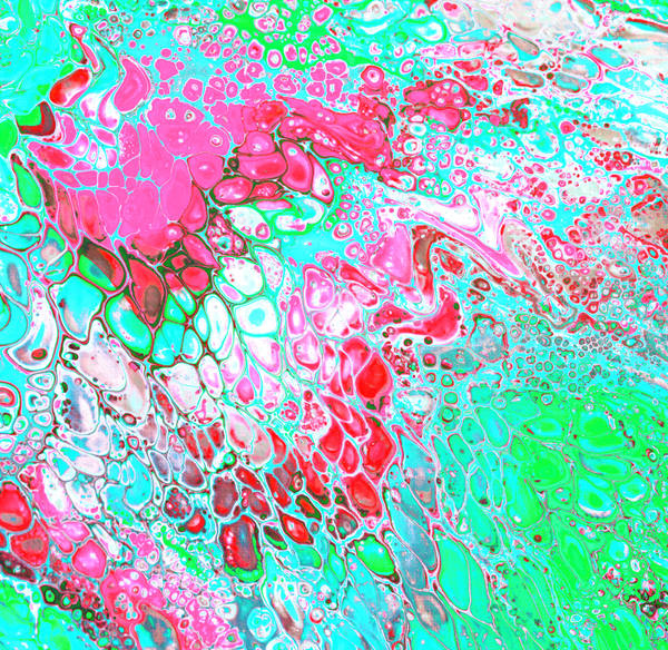 Acrylic pour of cherry red and mint green colliding over turquoise, fizzing into thousands of small cells