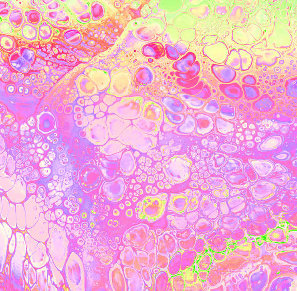 Acrylic pour packed with pale cells in bubblegum pink, lemon and lilac over a white ground, a lime edge along the top