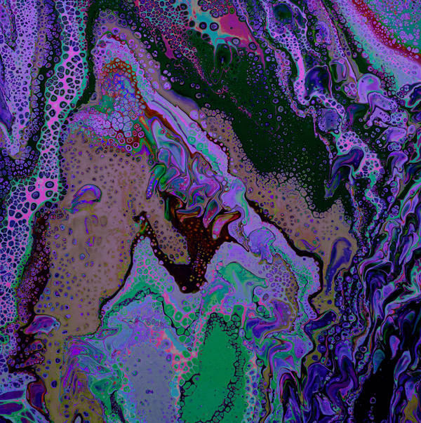 Acrylic pour of violet, jade and bronze twisting over near-black, shot through with acid green cells
