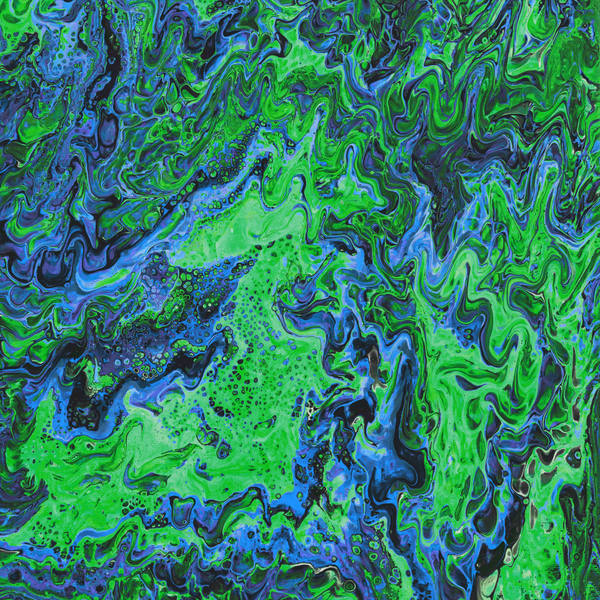 Acrylic pour of vivid grass green and cobalt rippling in tight parallel waves over black