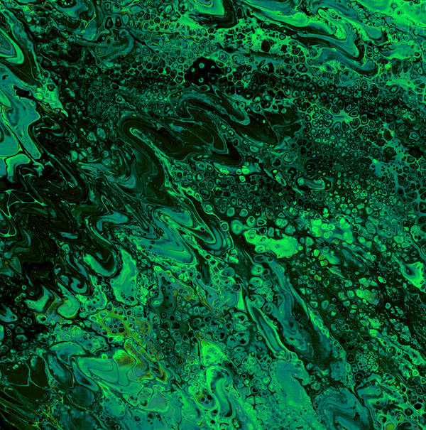 Acrylic pour in deep forest and lime green over black, dense with small round cells like moss under water