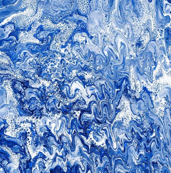 Acrylic pour of cobalt and white marbling in tight ripples across the whole frame, like porcelain glaze