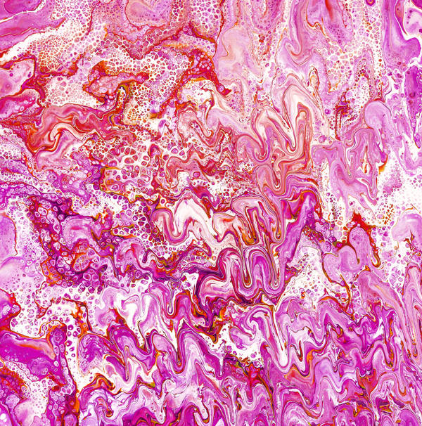 Acrylic pour of cherry red and magenta swirling over blush pink, flecked with gold droplets