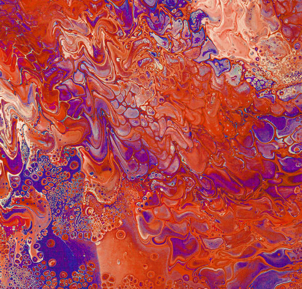 Acrylic pour of scarlet and vermilion blooming over violet, dense with small cells along the lower edge