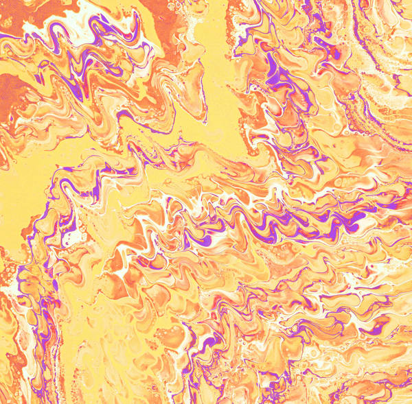 Acrylic pour of butter yellow and orange rippling in tight waves, edged with violet and white