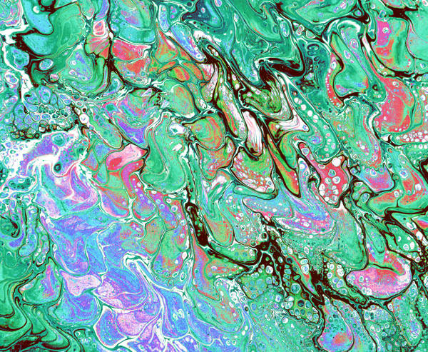 Acrylic pour of mint and jade over lilac and rose, dark linework tracing every fold