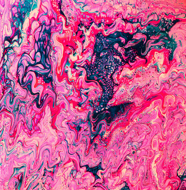 Acrylic pour of hot pink and magenta over deep teal, cells clustering in the darker channels