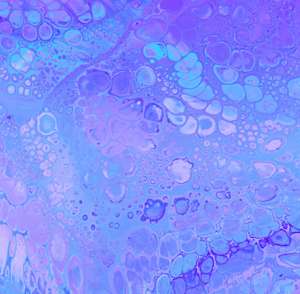Acrylic pour of periwinkle and lilac breaking into pale round cells across a soft blue ground