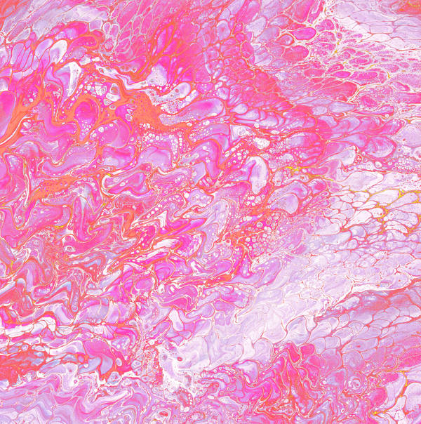 Acrylic pour of hot pink and coral streaming diagonally over white, threaded with gold