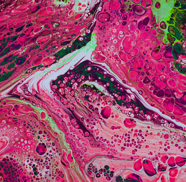 Acrylic pour of watermelon pink and crimson over black with a green rind edge along the top, cells clustered like seeds