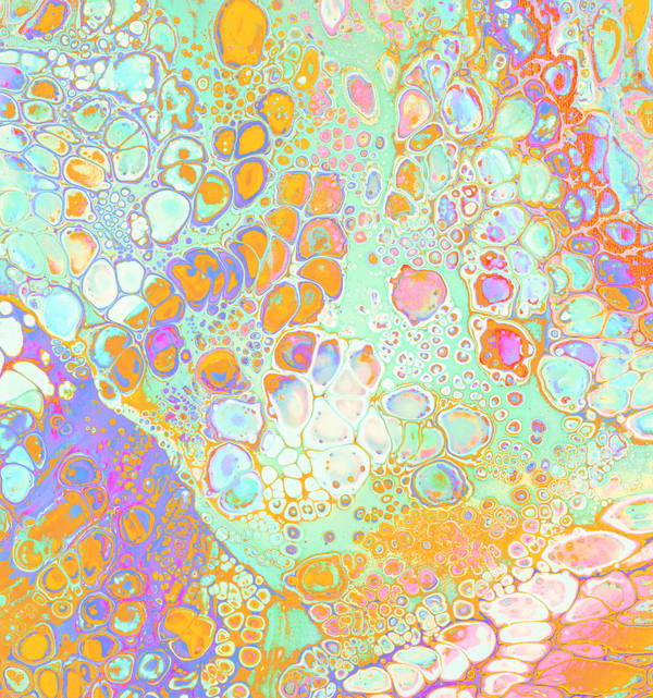 Acrylic pour of open cells in mint, apricot, lilac and cornflower over pale green, like a field of soap bubbles