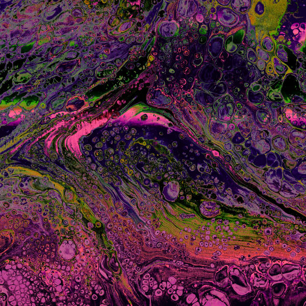 Acrylic pour of magenta, violet and acid green over black, dense with cells like undergrowth at night