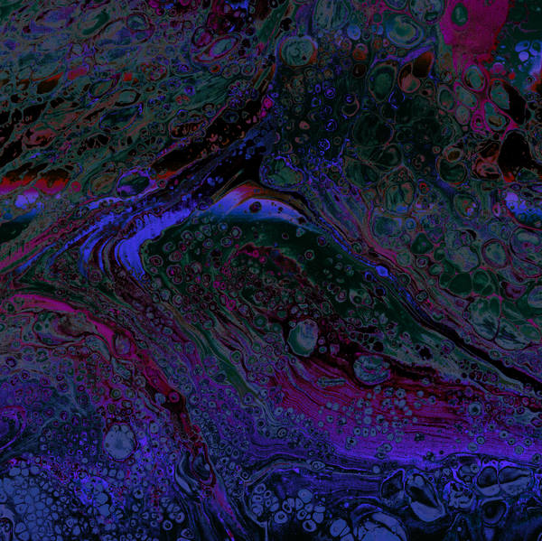 Acrylic pour of indigo, teal and magenta spiralling into a dark centre, almost black at the top