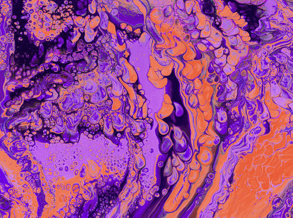 Acrylic pour of tangerine and violet breaking into round cells over deep purple, seventies in its colour pairing