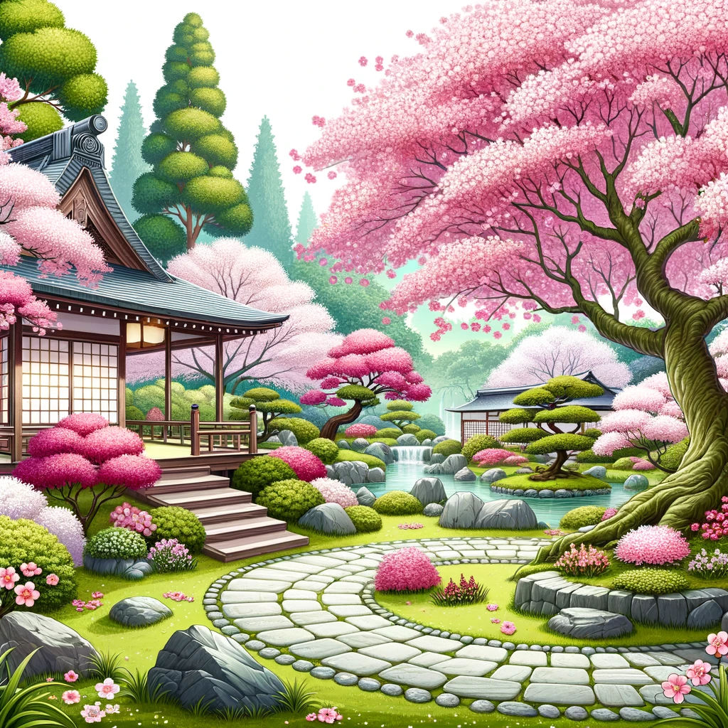 DALL·E 2023-11-20 10.53.39 - Illustration of a tranquil Japanese garden during cherry blossom season, with pink sakura trees in full bloom, a stone pathway, and a traditional tea .png