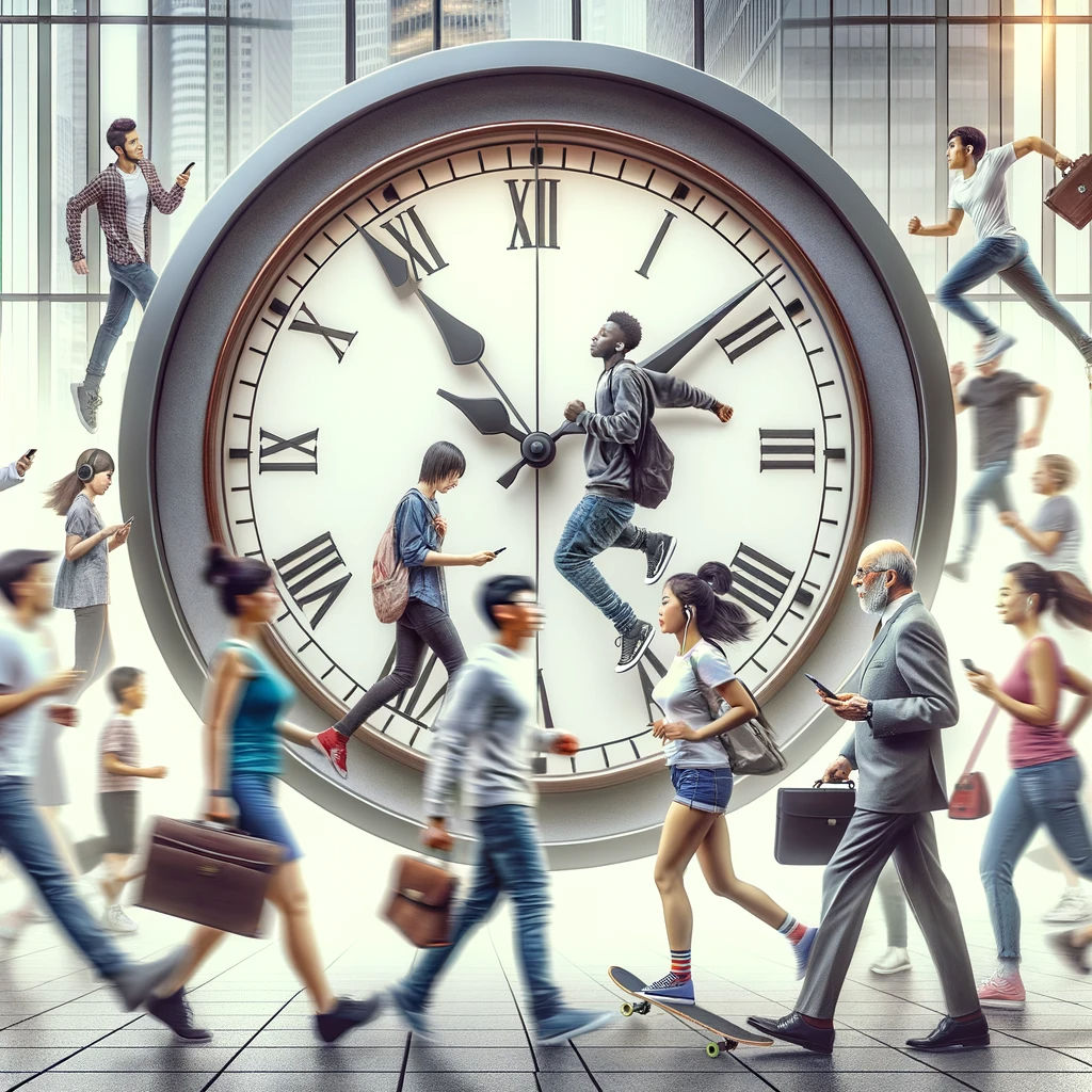 DALL·E 2023-12-04 18.59.36 - A lively scene centered around a large, beautifully designed clock in a public area. Around the clock, a variety of people of different descents are d.png