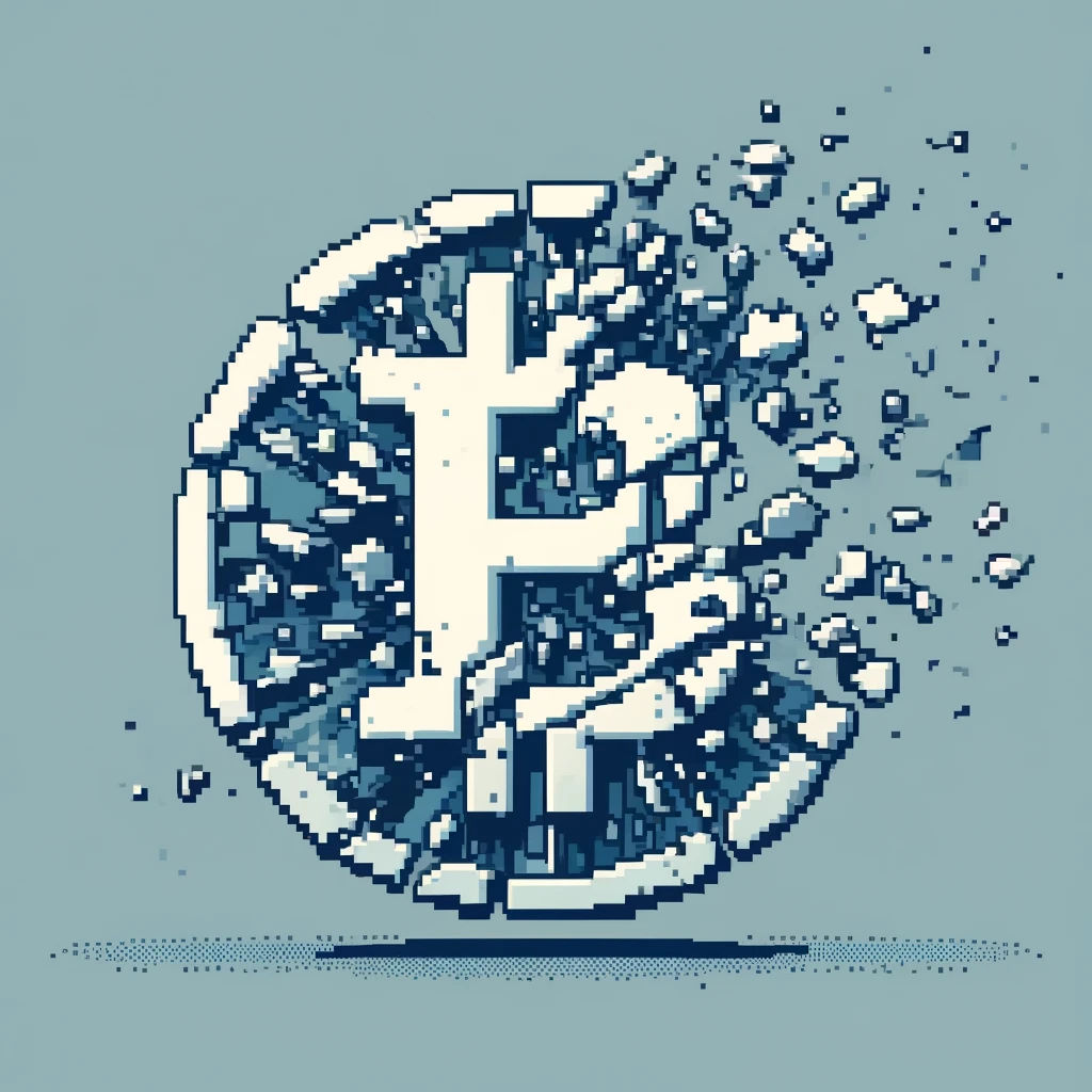 DALL·E 2024-04-19 13.47.23 - A pixel art image showing a digitally fragmented Bitcoin icon, symbolizing the concept of Bitcoin halving. The icon is shattered into many distinct pi.webp