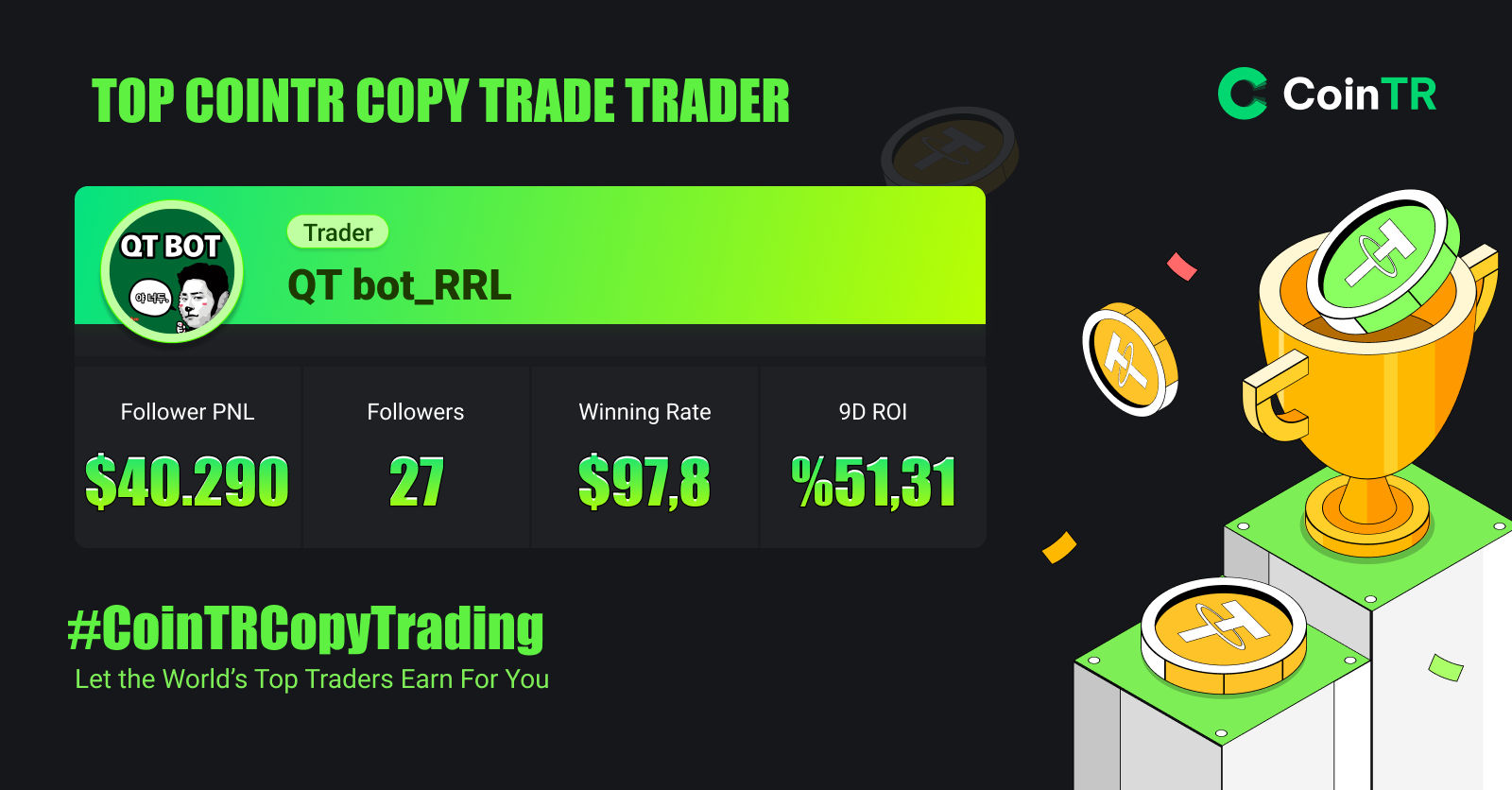 CoinTR Copy Trade continues to win! 🔥

⭐️ Our recent trader, QT bot RRL, gained 51,31% PNL in 9 day…