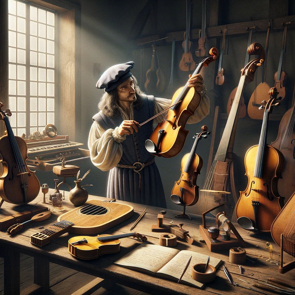 DALL·E 2024-02-06 16.41.33 - Imagine a scene inspired by the Renaissance era, now including a violin among the musical instruments. A character resembling Leonardo da Vinci is in .webp