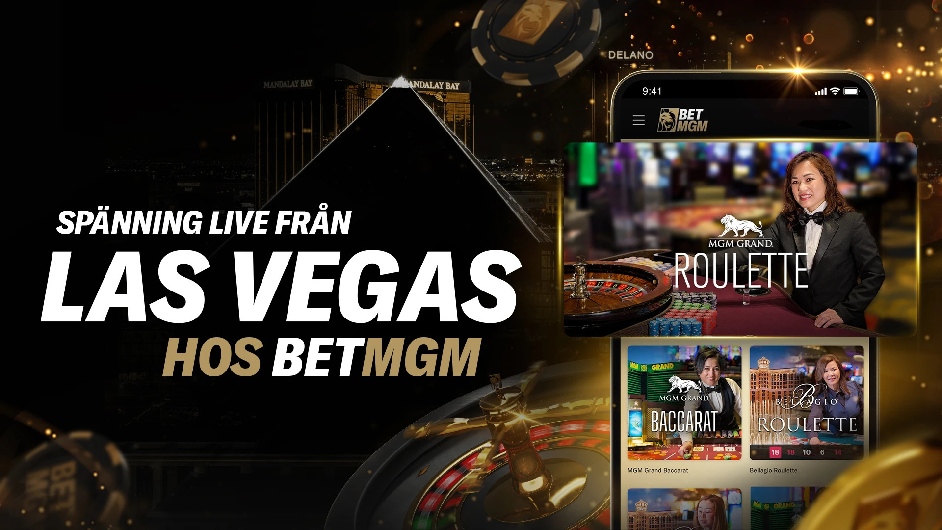 En mobil med olika typer av Live Casino spel som live streamas från de kända MGM resorten från Las Vegas