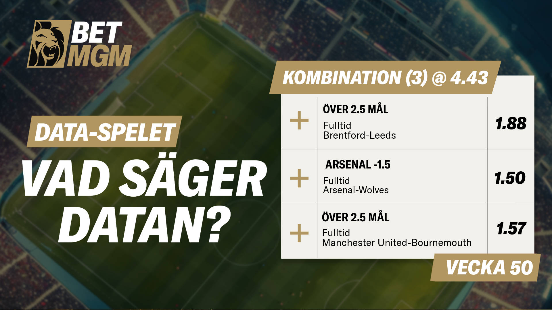 BetMGM kombinationsspel med odds och matchdetaljer för vecka 50. Swedish: Premier League 2025/26 xG-diagram som visar Leeds United och Brentford.