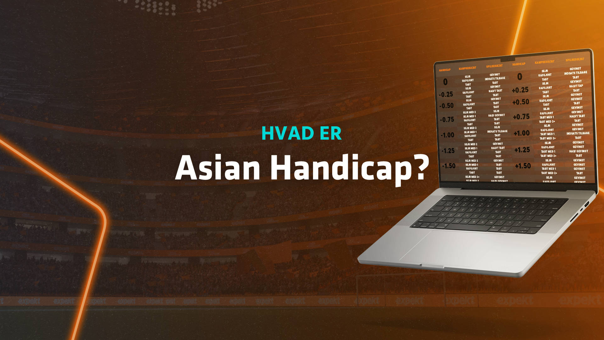 Laptop viser 'Hvad er Asian Handicap?' med odds og resultater