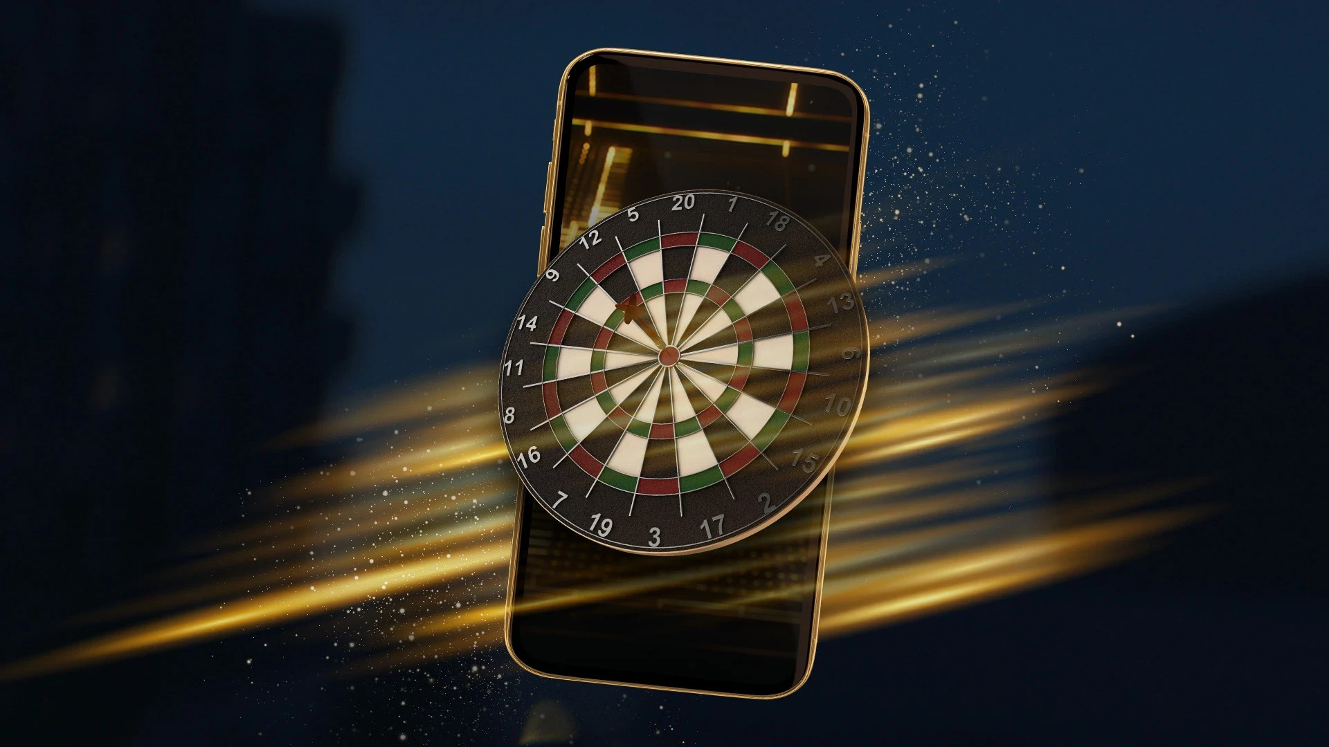 Et dartskive-grafik svæver foran en smartphone på mørk baggrund med gyldne lysspor og gnister i bevægelse.