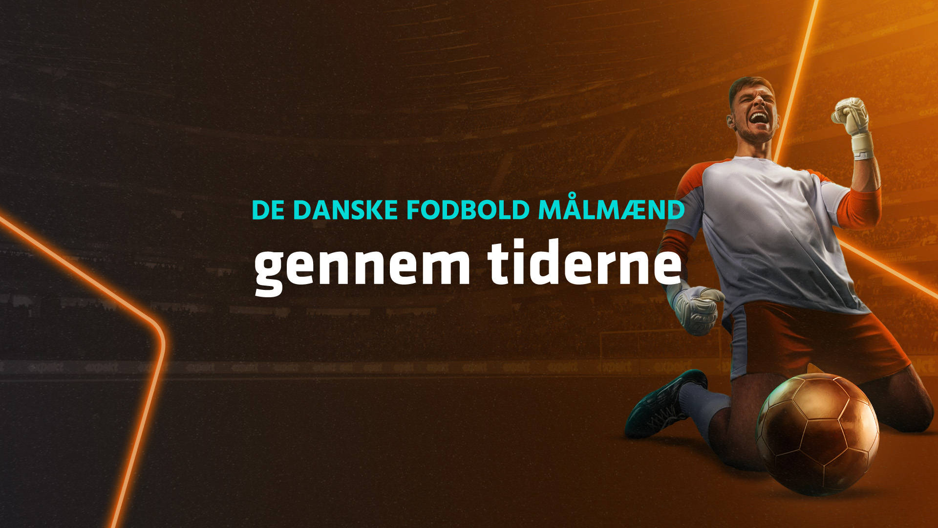 De danske fodboldmålmænd gennem tiderne med en jublende målmand og en fodbold.