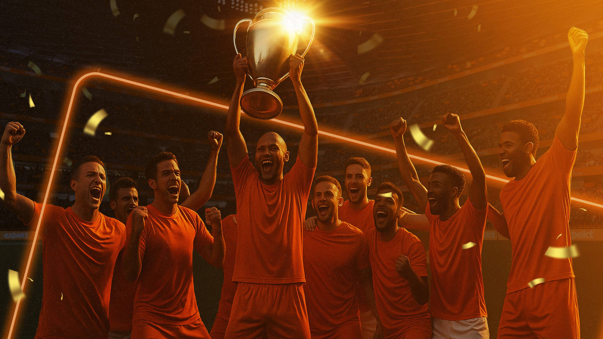 Et fodboldhold fejrer en sejr med et trofæ i et stadion med konfetti