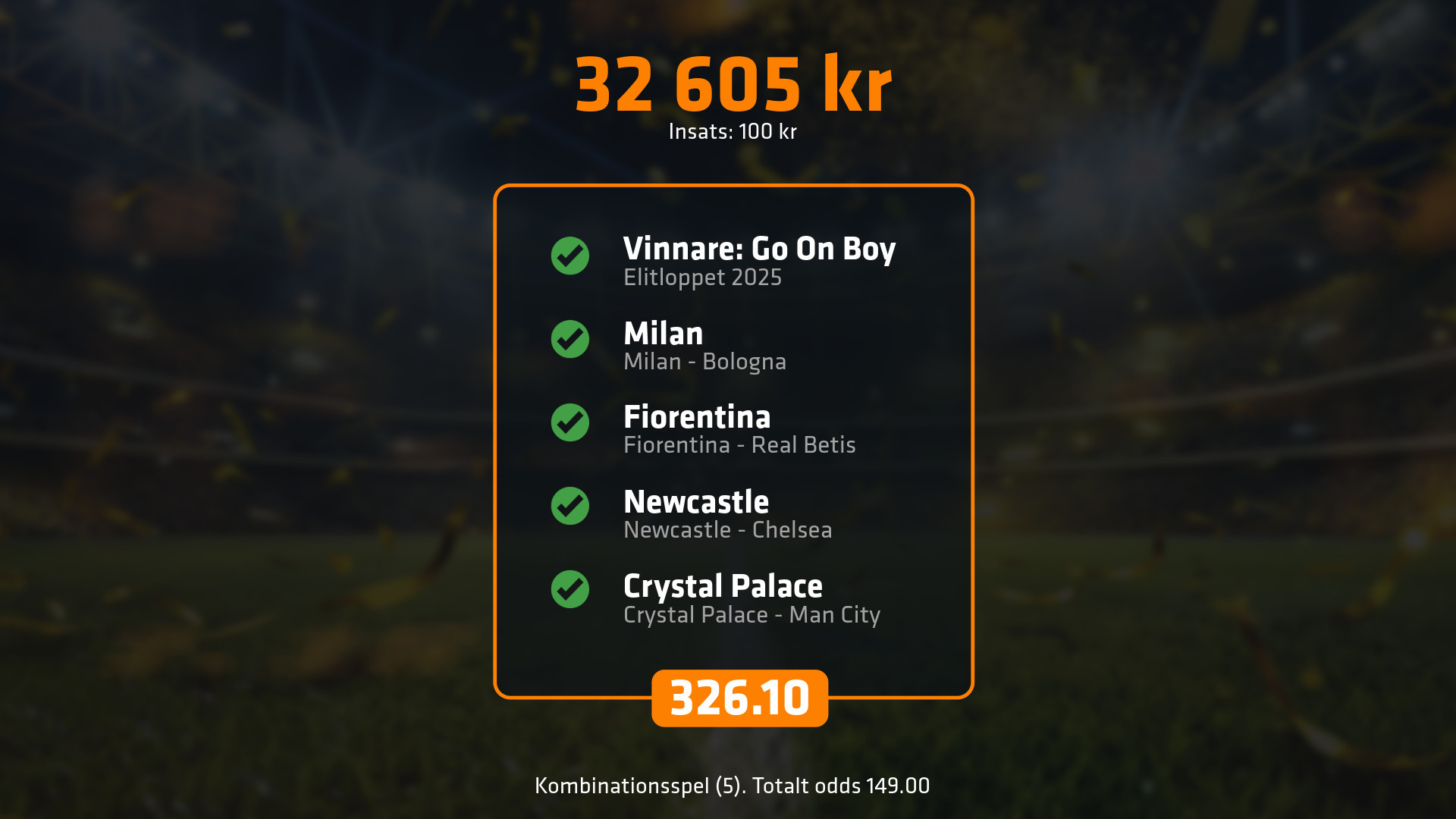 Kombinationsspel med totalt odds 413.40, insats 500 kr, vinst 206 719 kr.