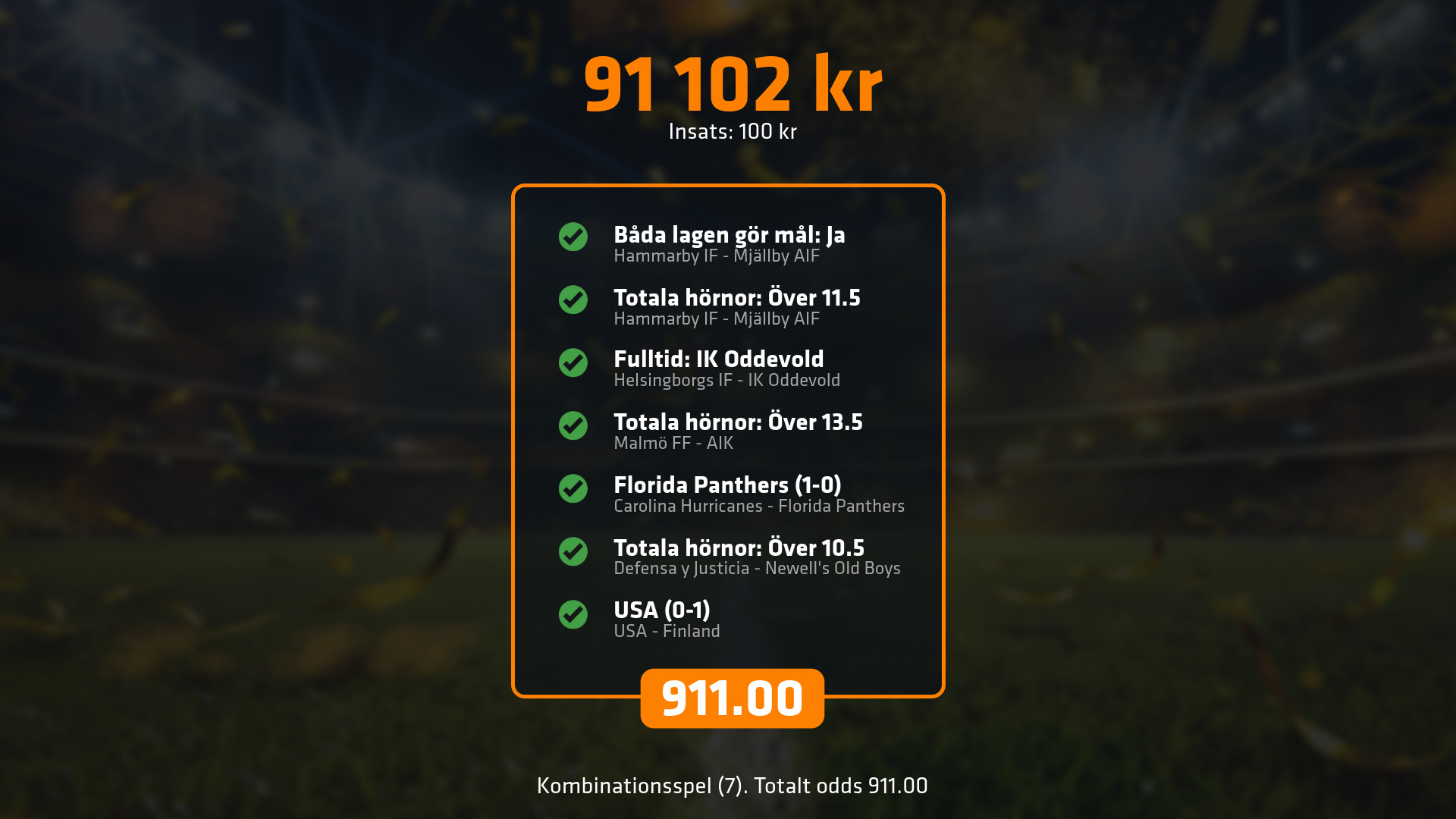 Kombinationsspel med totalt odds 413.40, insats 500 kr, vinst 206 719 kr.