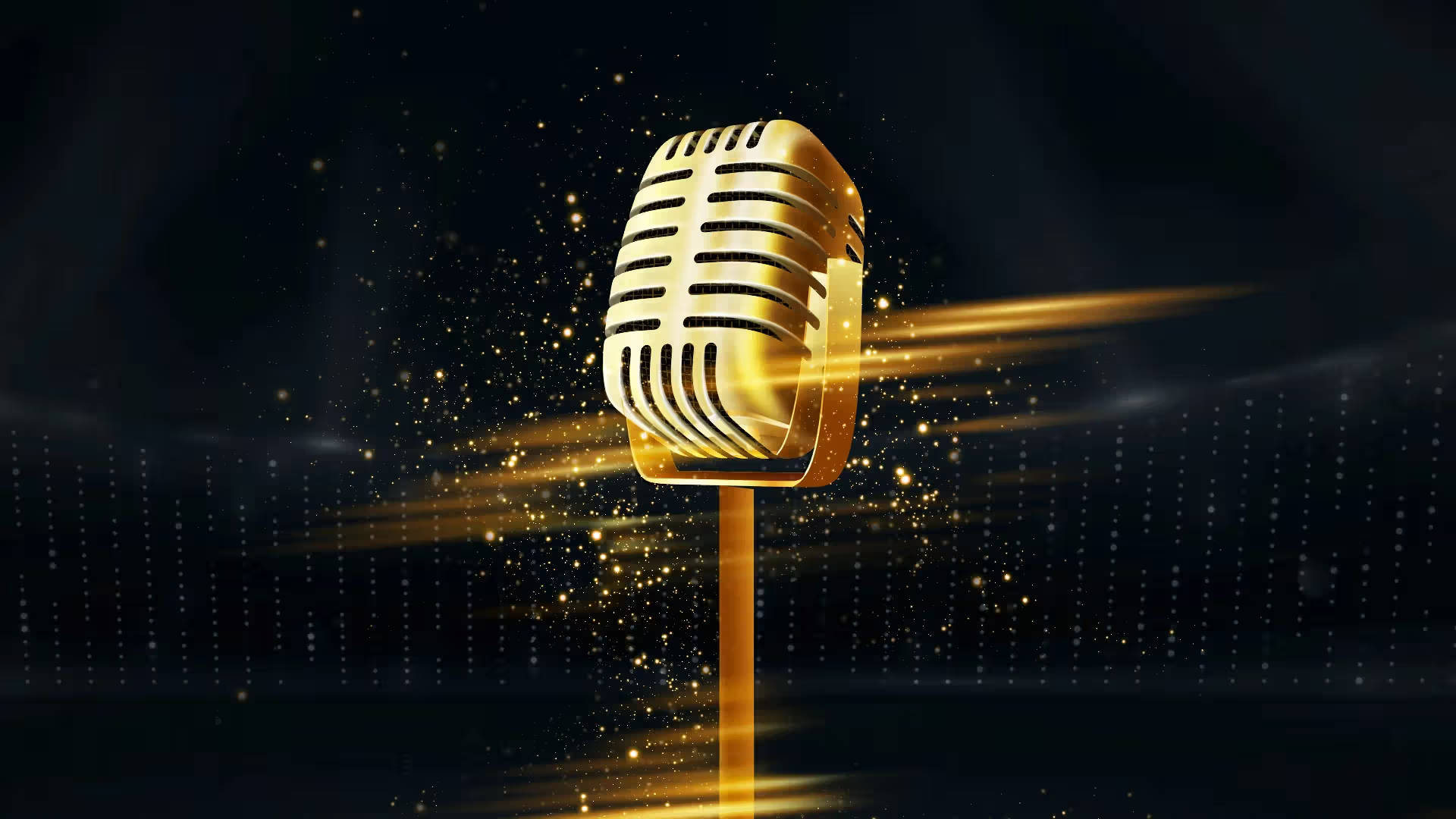 Guldig vintage mikrofon med glittrande effekter mot mörk bakgrund Med artikel som beskriver alla vinnare av melodifestivalen