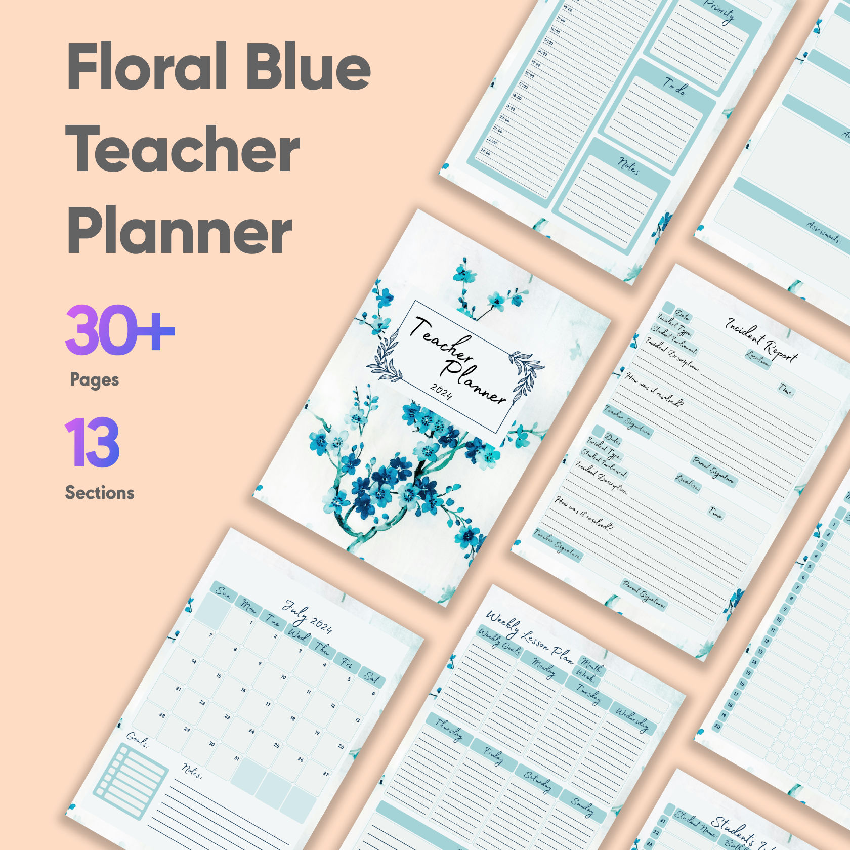 Floral Blue Teacher Planner