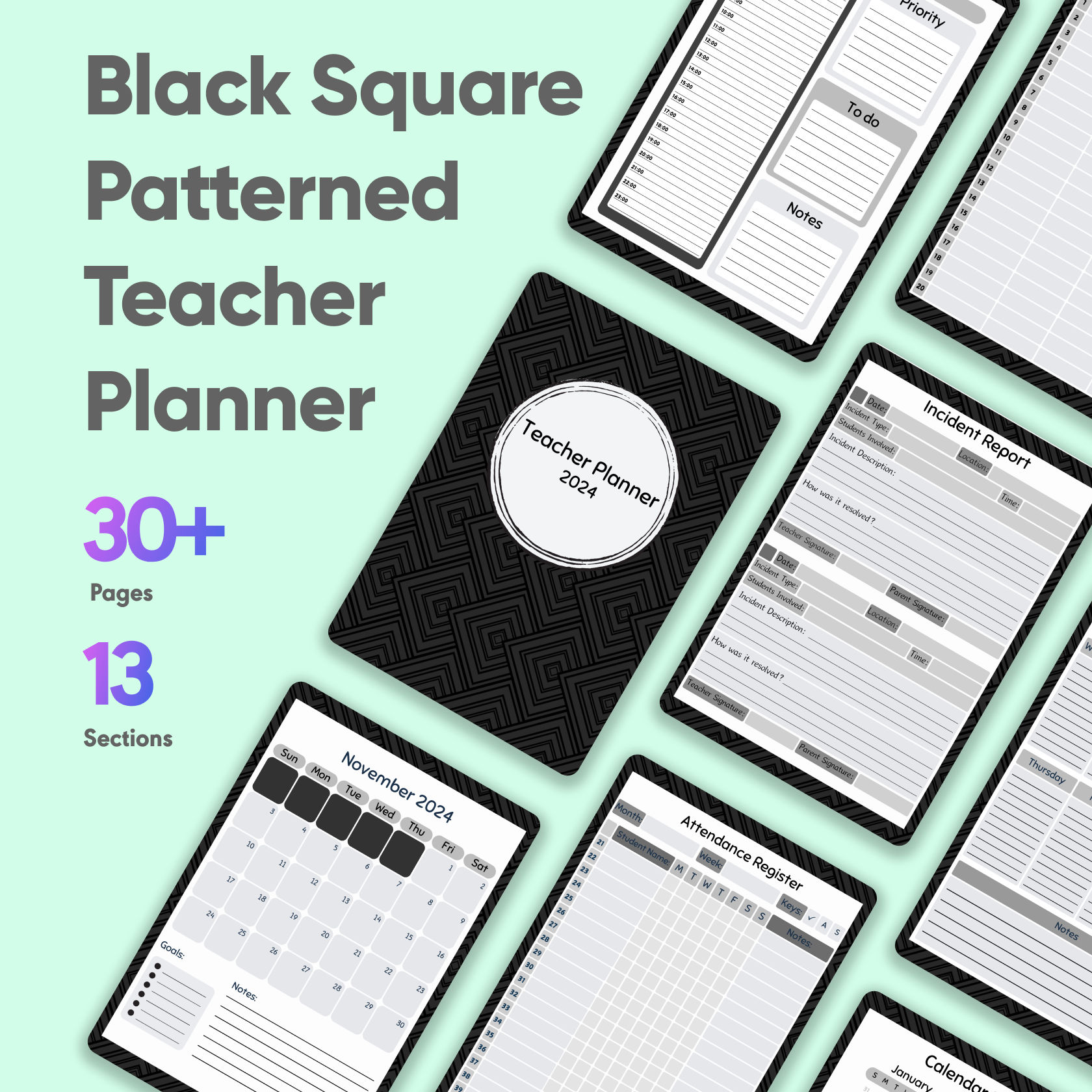 Black Square Patterned Teacher Planner