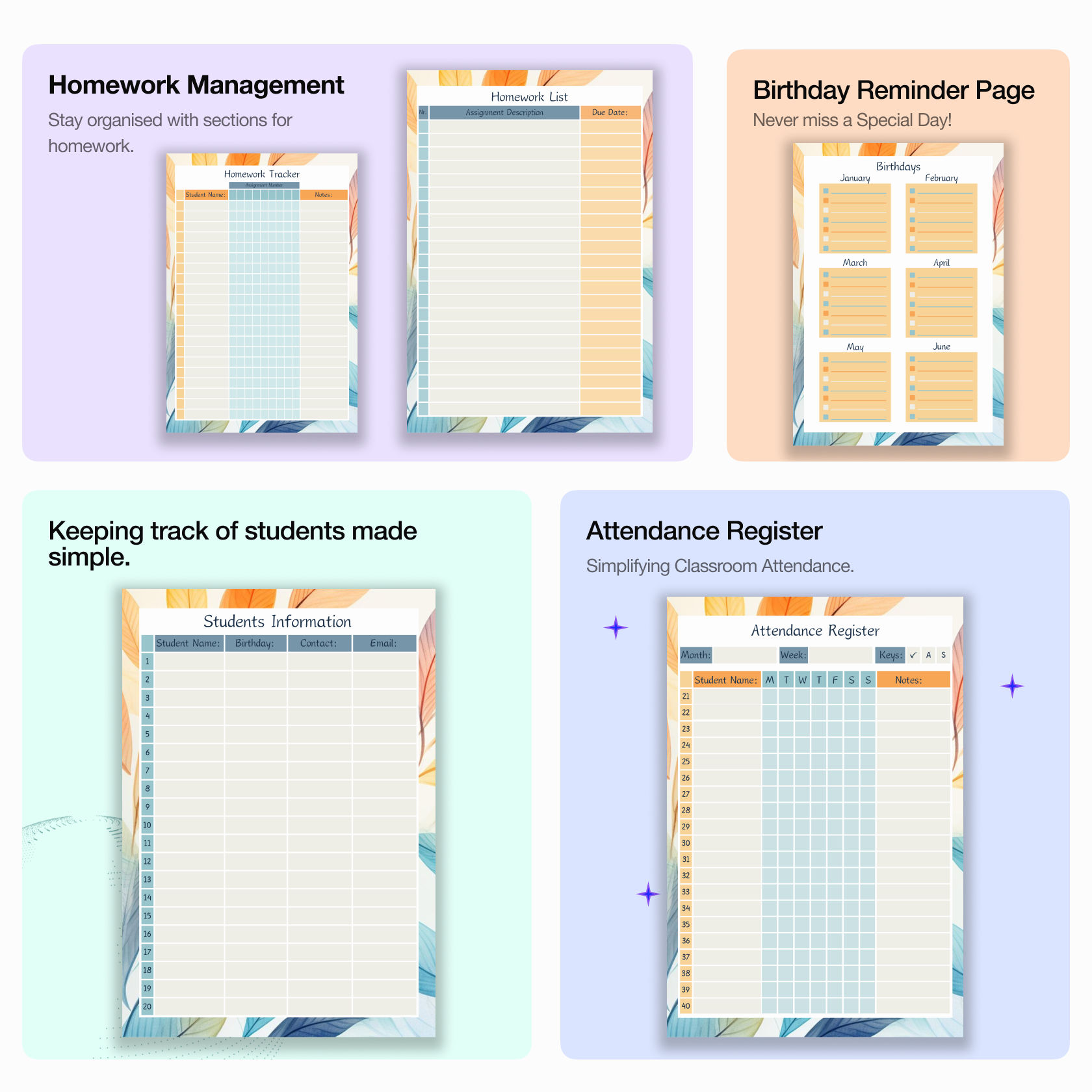 Watercolour Leaves Teacher Planner